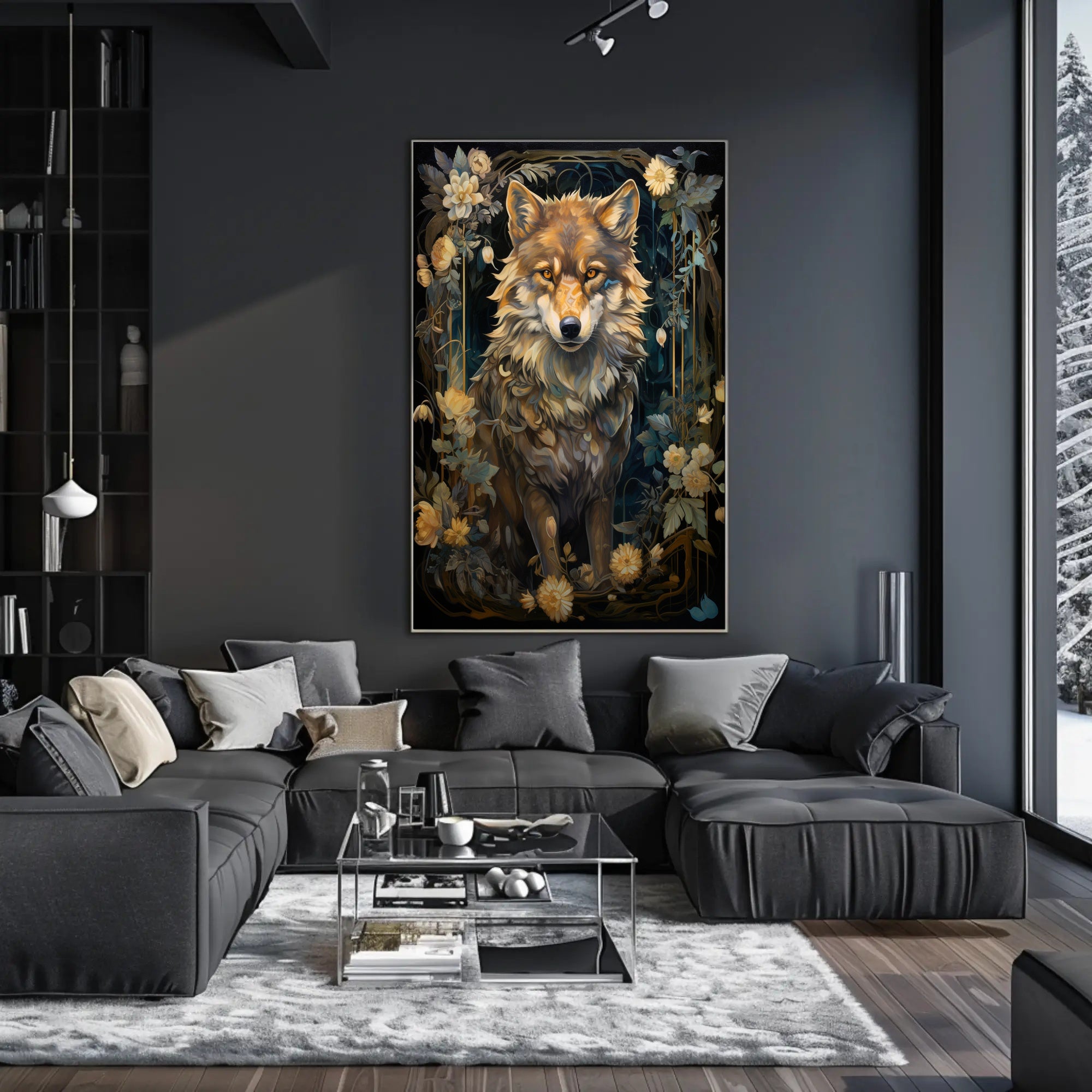 Majestic Wolf In Floral Frame Poster PosterGoat