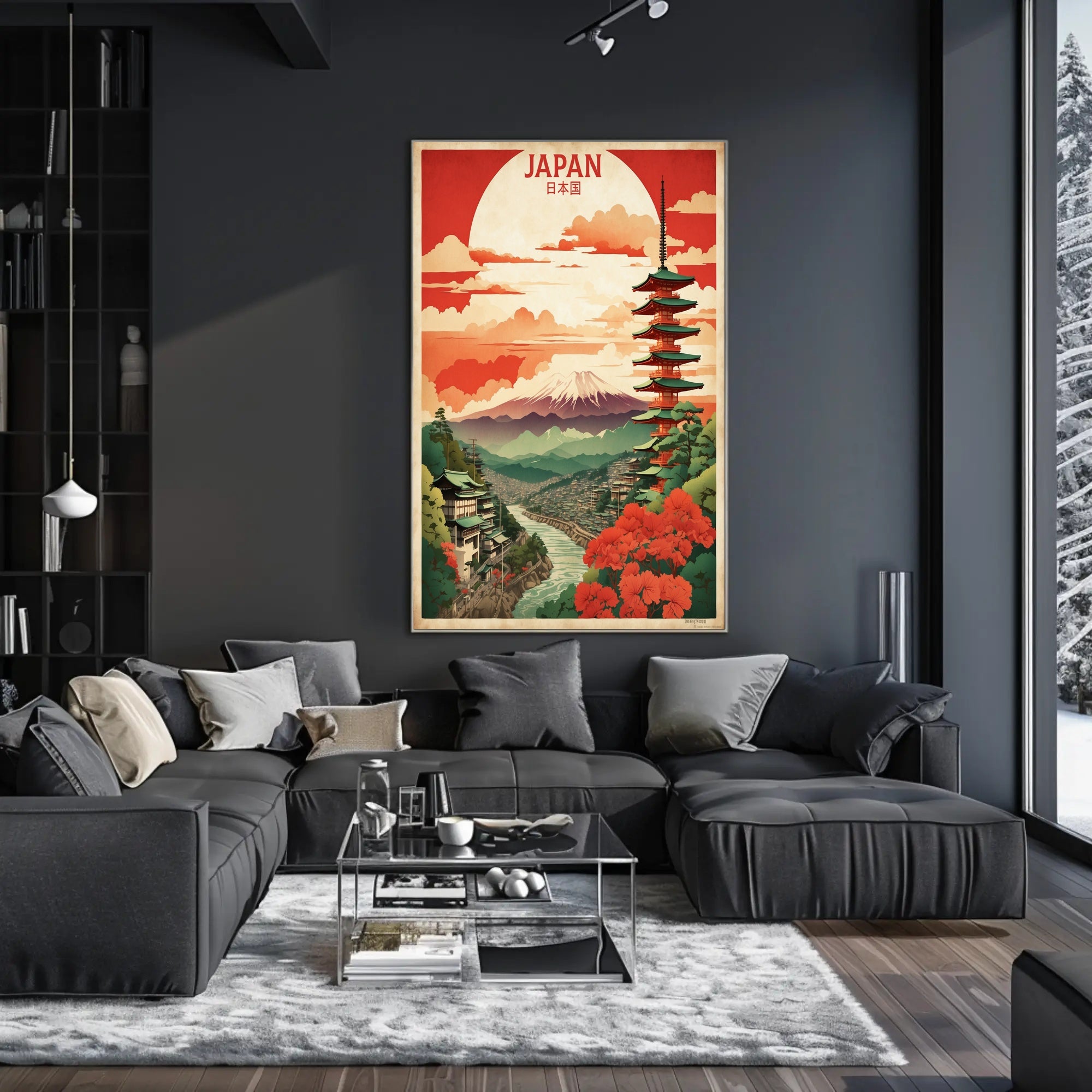 Vintage Travel Poster Featuring Japan's Mount Fuji and Pagoda