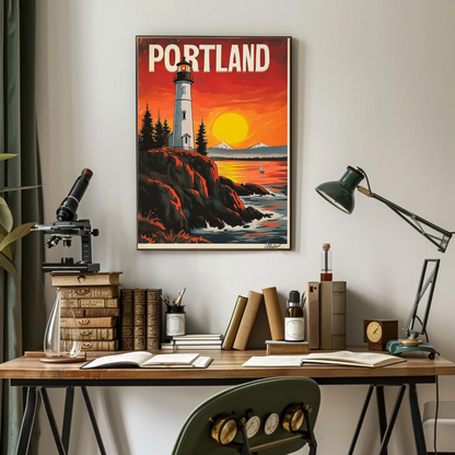 Portland Vintage Poster - Lighthouse at Sunset