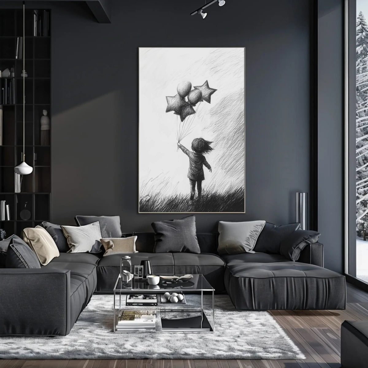 Monochrome Sketch Child Releasing Star Balloons Poster