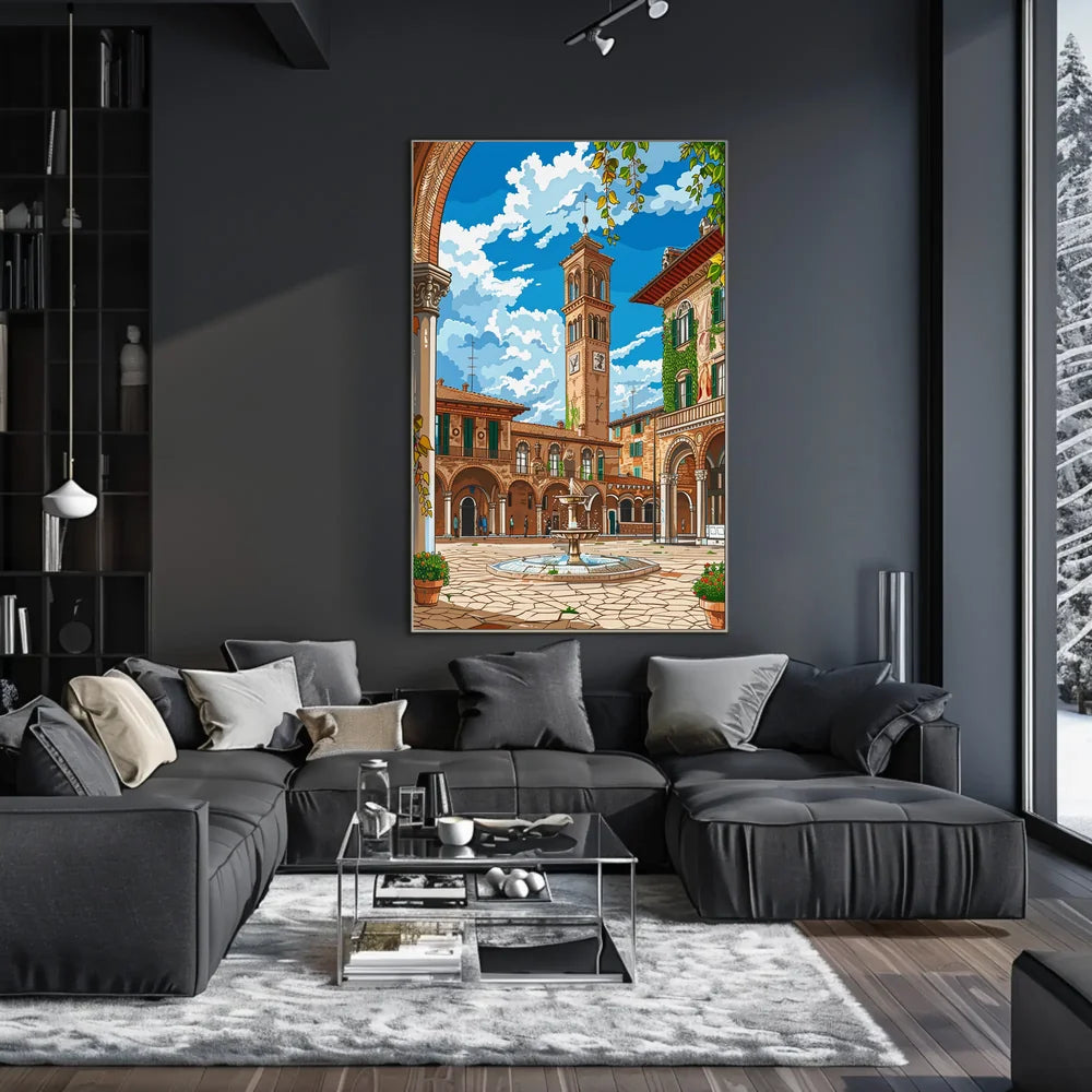 Charming Italian Piazza with Clock Tower Poster