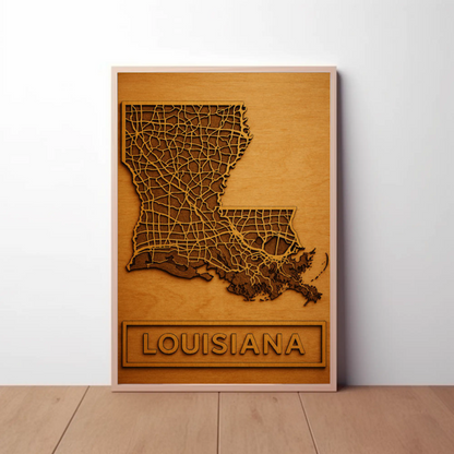 Louisiana Road Map Wood Engraved State Art Poster