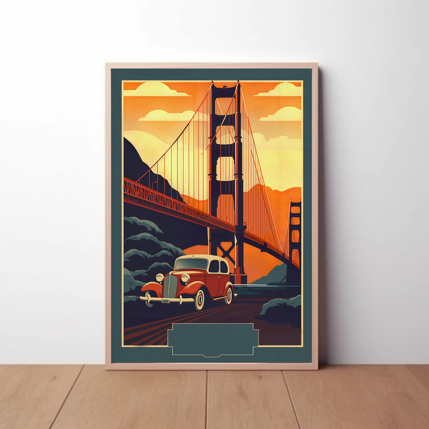 Golden Gate Bridge Vintage Car Drive Travel Poster