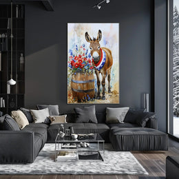 Cheerful Donkey Standing Beside Wooden Barrel Poster