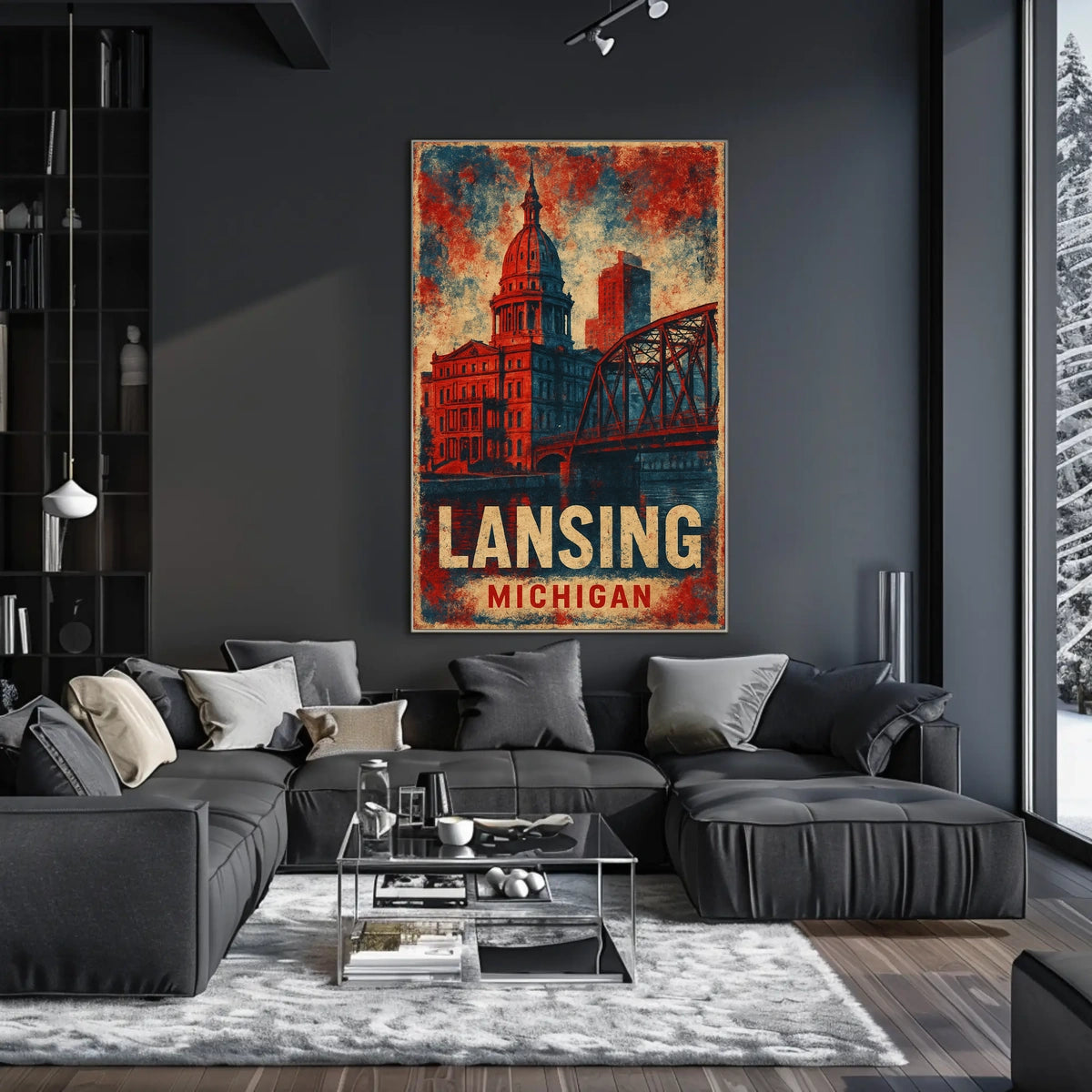 Lansing Cityscape Retro Typography Collectors Poster
