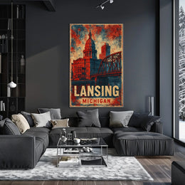 Lansing Cityscape Retro Typography Collectors Poster