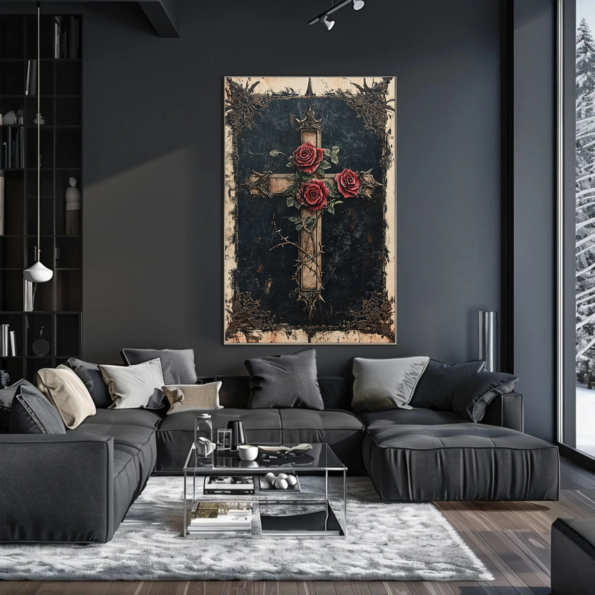 Gothic Cross with Red Roses Decoration Poster