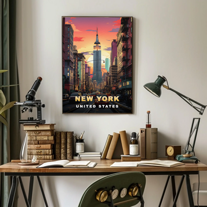 New York Empire State Sunset Vintage Travel Poster