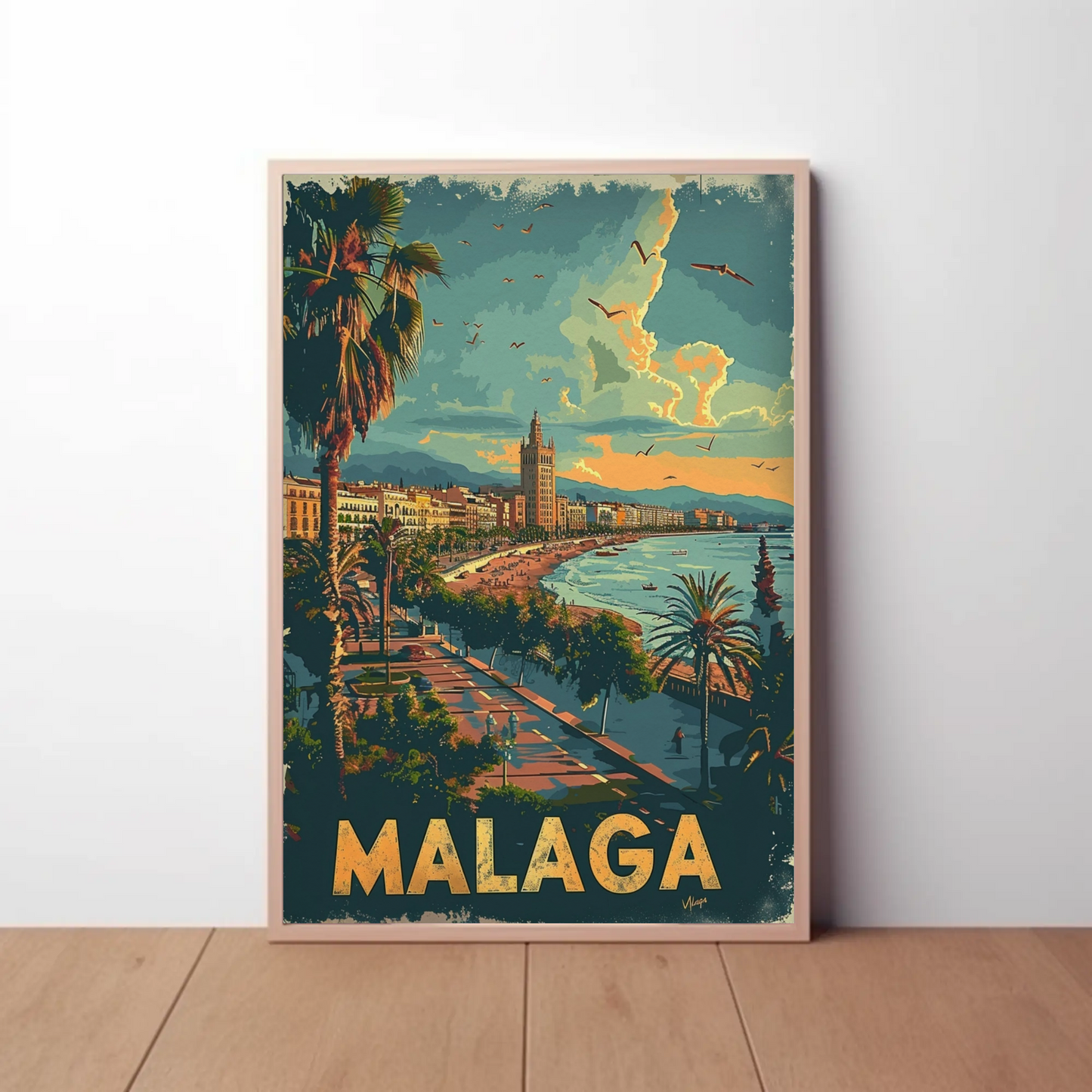 Malaga Sunset Beach Promenade Travel Poster