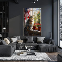 tabby cat sitting in a windowsill Poster