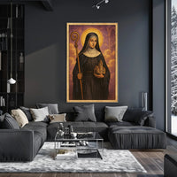 Saintly Figure with Church Poster PosterGoat