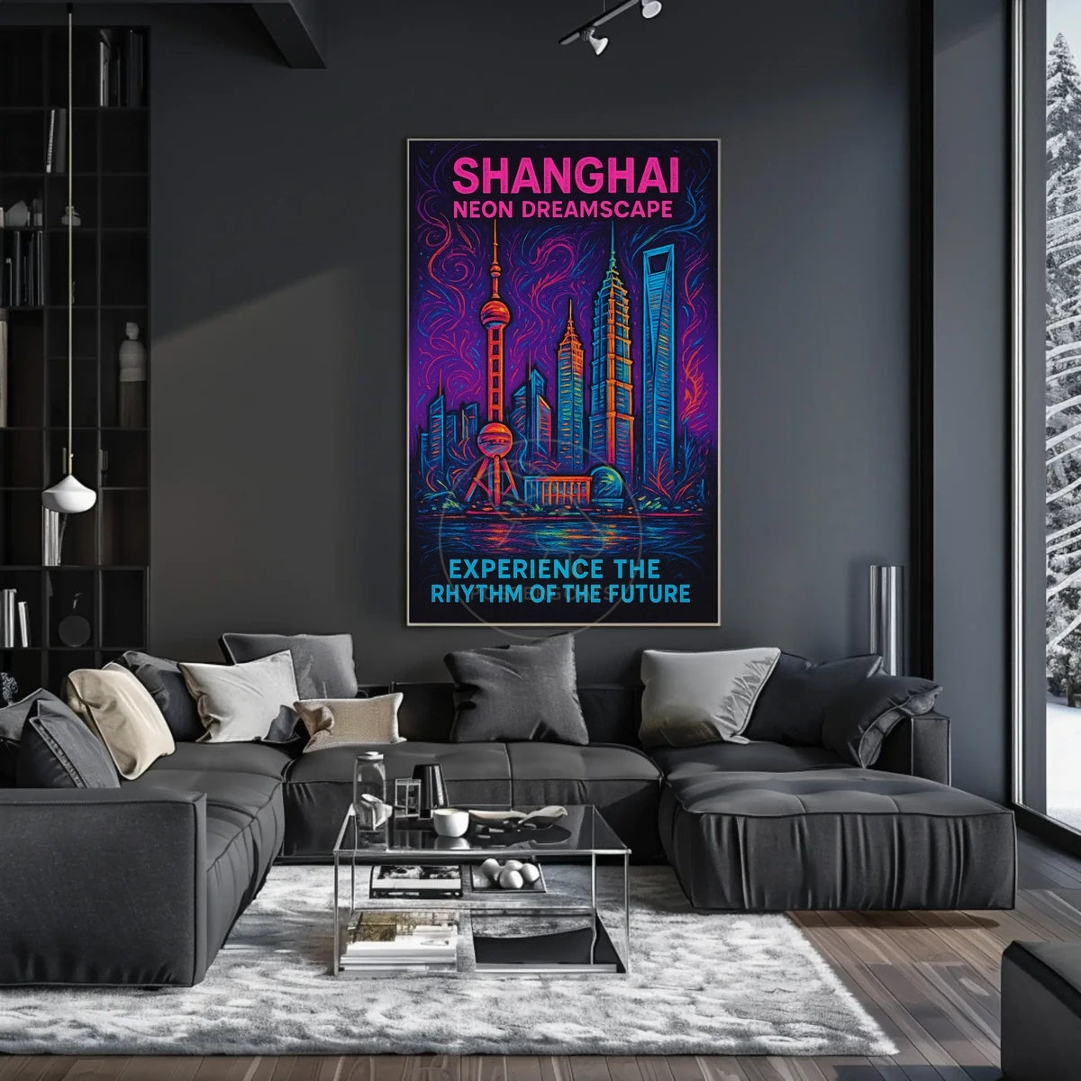 Shanghai Neon Skyline: Captivating Futuristic Sci-Fi Poster
