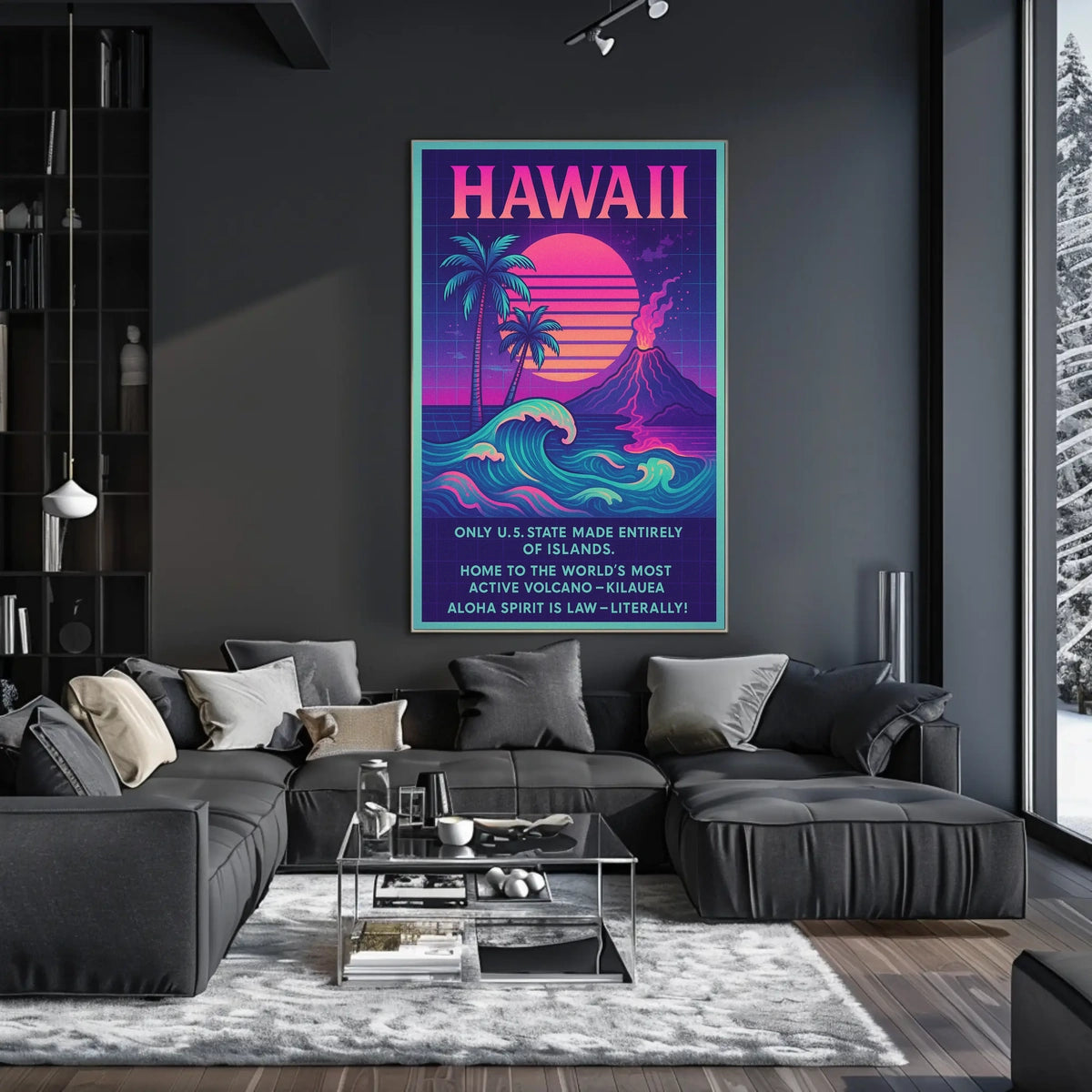 The poster centers on Hawaii, emphasizing its unique geographical and cultural attributes. The Travel Poster
