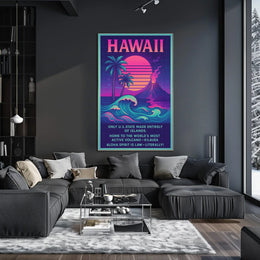 The poster centers on Hawaii, emphasizing its unique geographical and cultural attributes. The Travel Poster