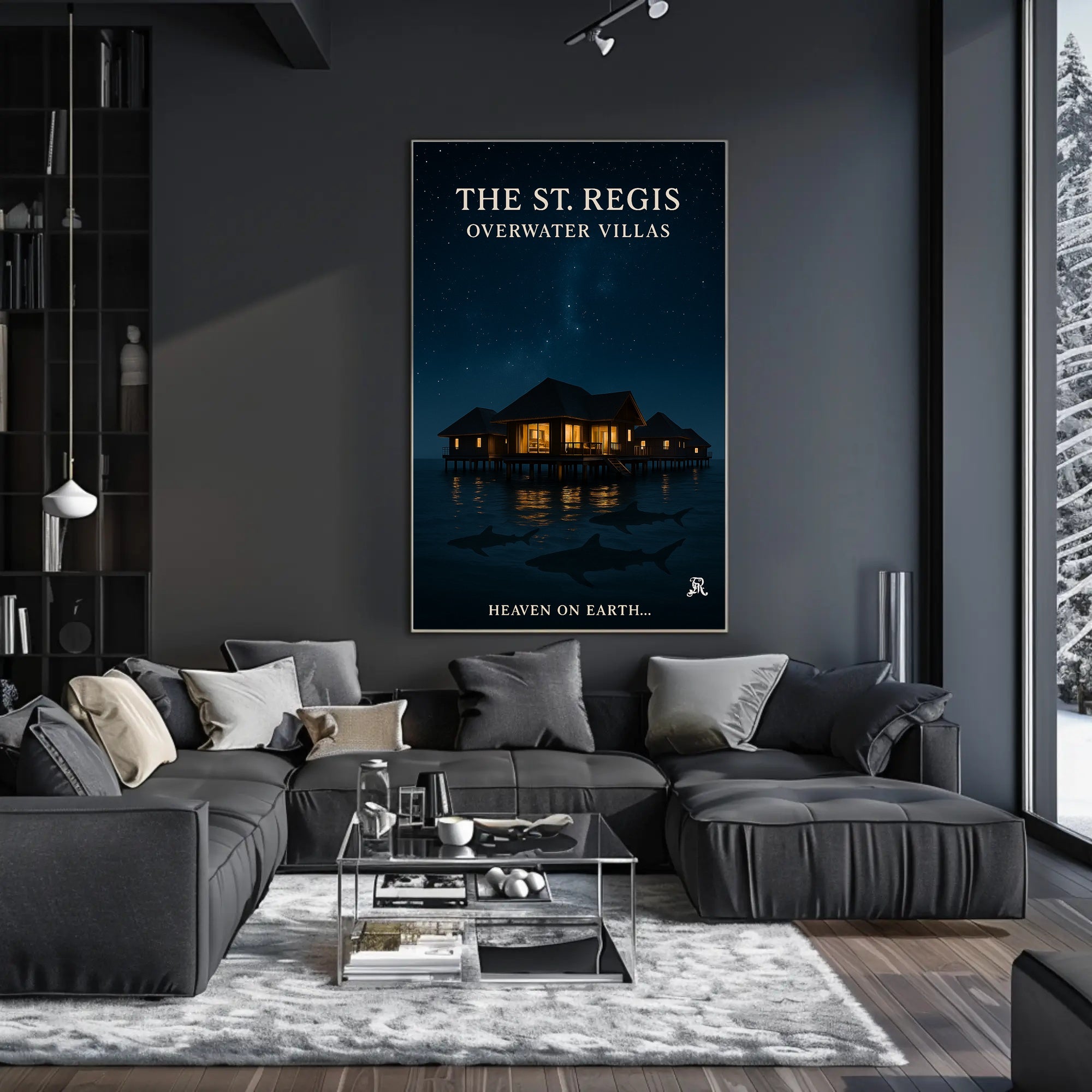 Serene Overwater Villas Nighttime Scene Travel Poster PosterGoat
