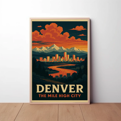 Denver Colorado Sunset Skyline Mountains Travel Poster