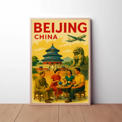 Beijing China Temple Street Scene Travel Poster