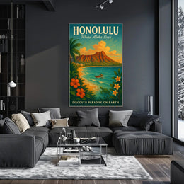 Honolulu Vintage Paradise Travel Poster Illustration