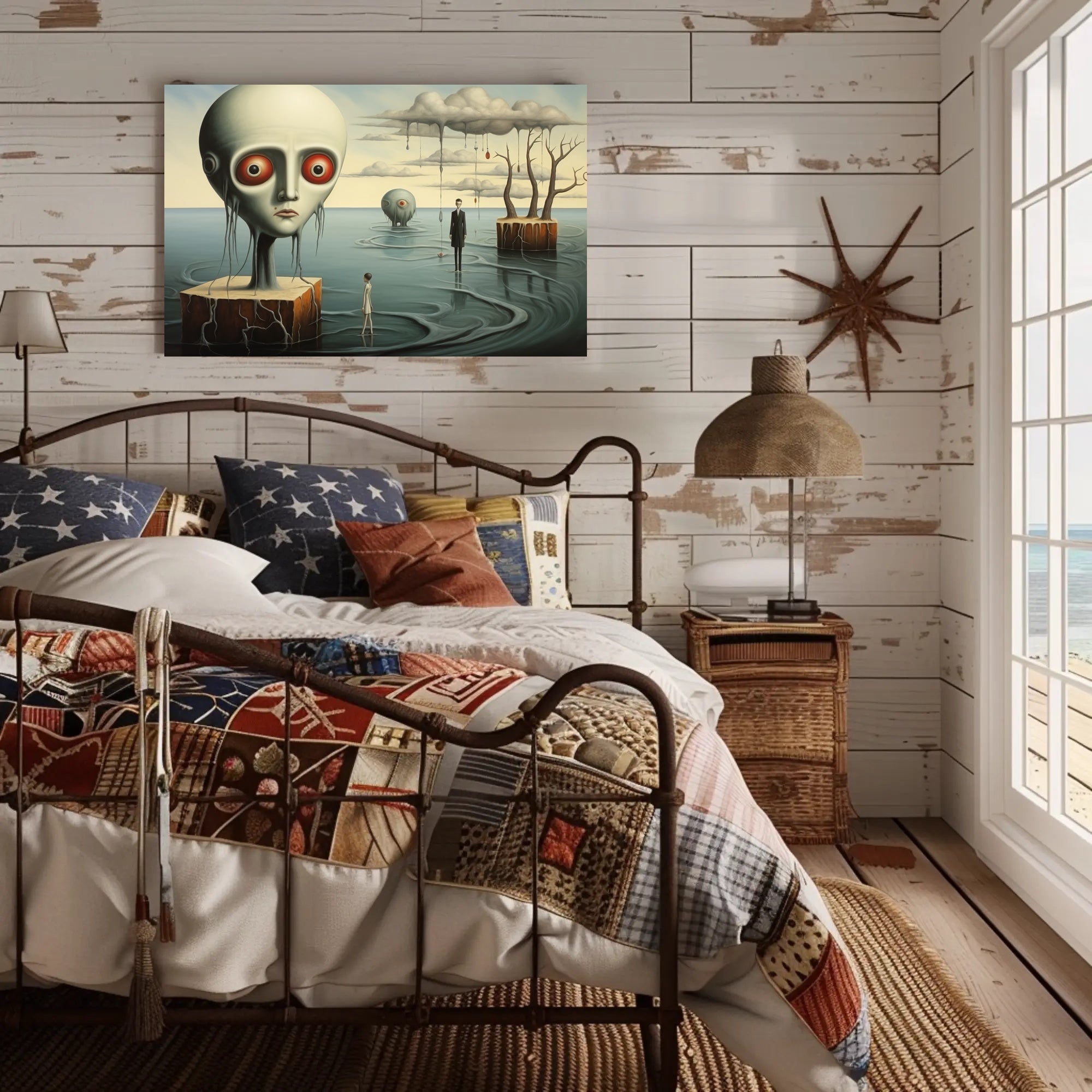 Dreamlike Landscape with Surreal Figures: Futuristic Sci-Fi Poster