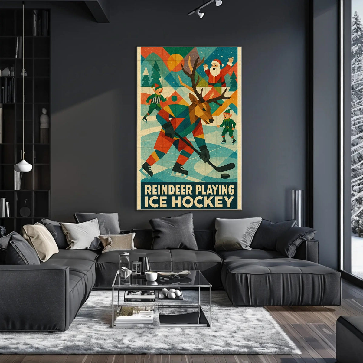 Reindeer Playing Ice Hockey Poster