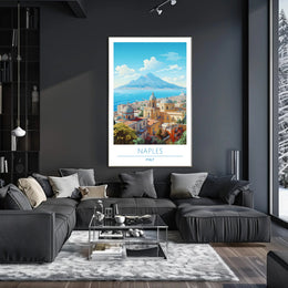 Naples Architecture with Mount Vesuvius Travel Poster