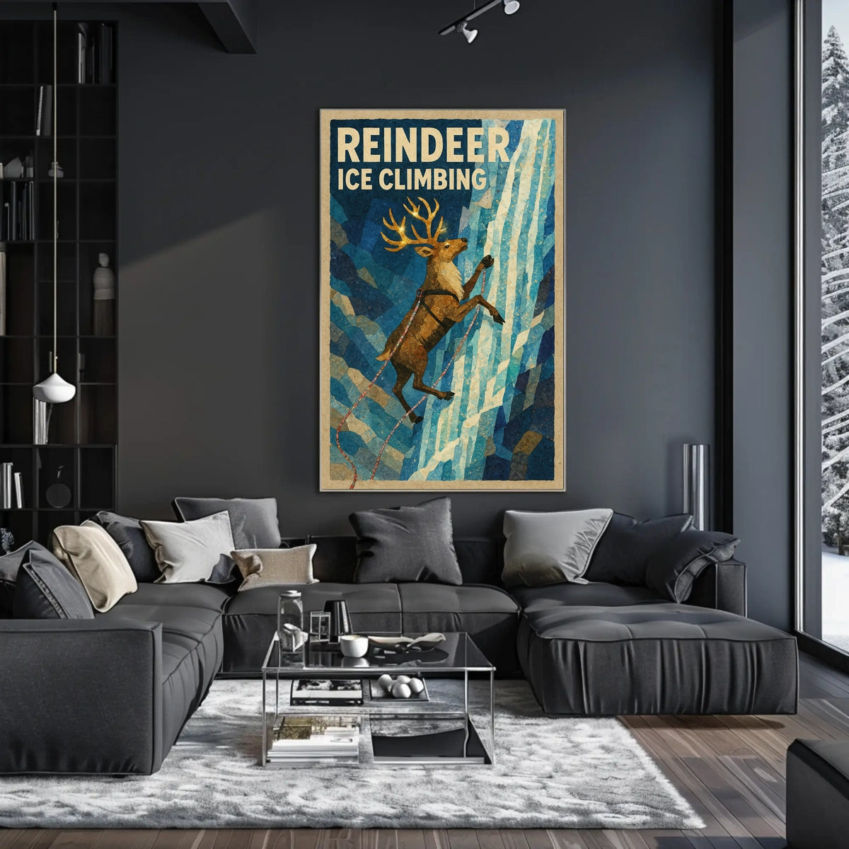 Reindeer Ice Climbing Vintage Animal Art Poster