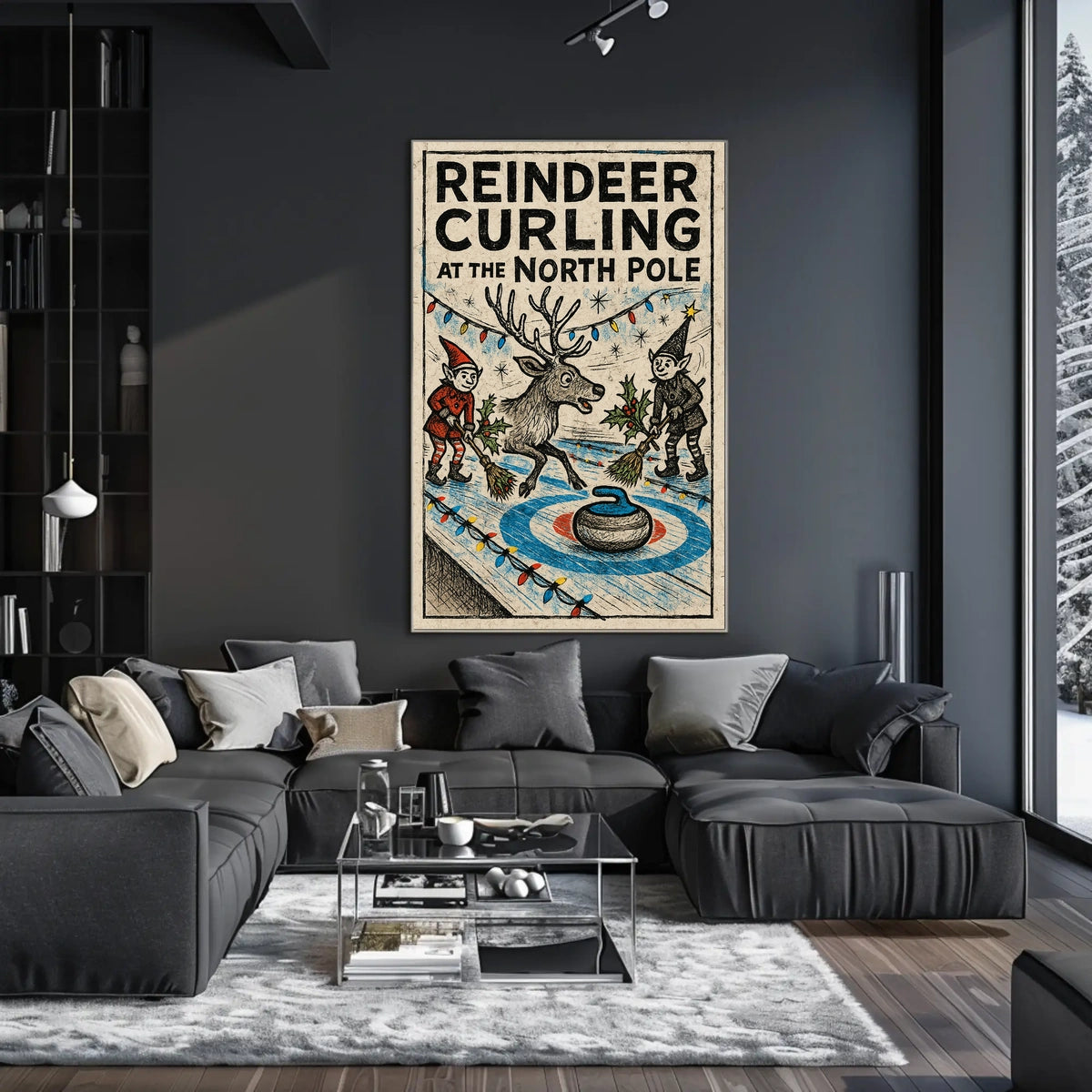 Reindeer Curling at the North Pole Poster