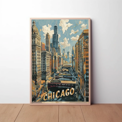 Chicago Skyline River Train Architecture Cityscape Travel Poster