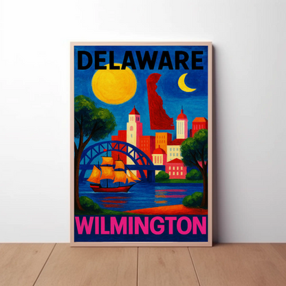 Wilmington Delaware Sailboat Bridge Skyline Travel Poster