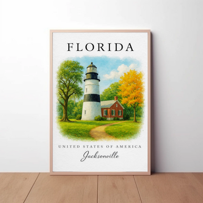 Jacksonville Florida Lighthouse Cottage Autumn Trees Travel Poster