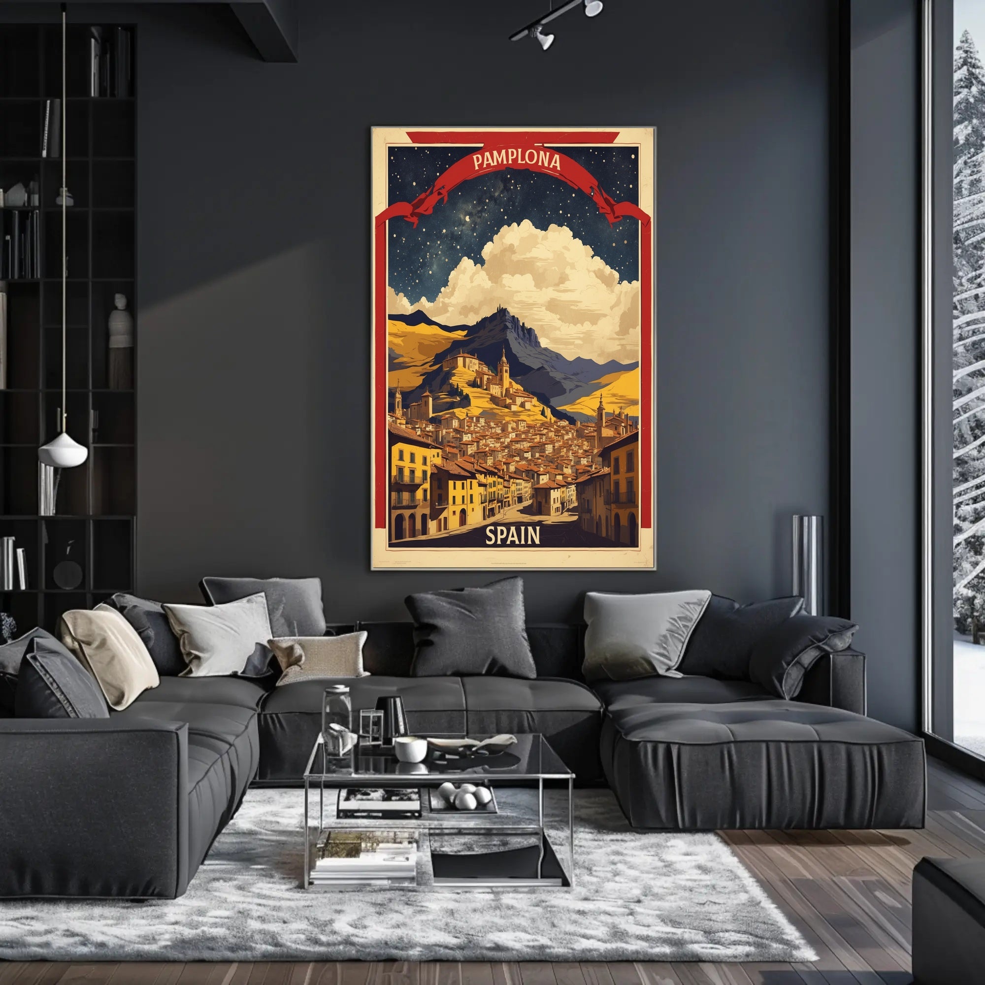 Pamplona Vintage Cityscape Night Sky Travel Poster