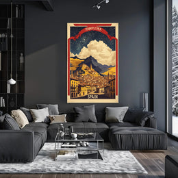 Pamplona Vintage Cityscape Night Sky Travel Poster