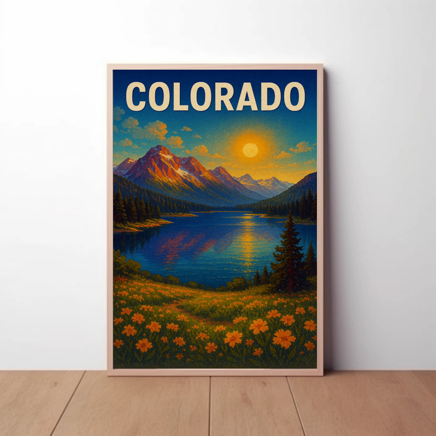 Colorado Sunset Mountain Lake Wildflower Travel Poster