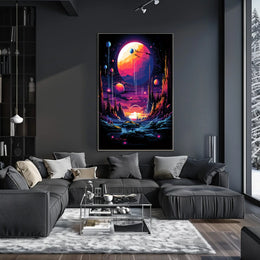 The poster features a vibrant and surreal sci-fi landscape. The core subject is Travel Poster