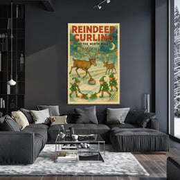 Reindeer Curling at the North Pole Poster