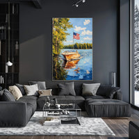 Boat On A Calm Lake With American Flag Scenic Poster