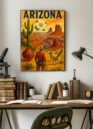 Arizona Desert Cowboy Saguaro Sunset Vintage Travel Poster