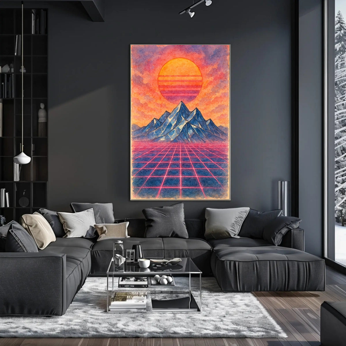 Retro-Futuristic Vaporwave Landscape with Neon Grid - Artistic Poster