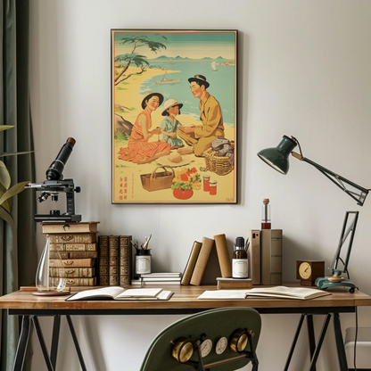 Japanese Family Picnic Seaside Summer Vintage Travel Poster