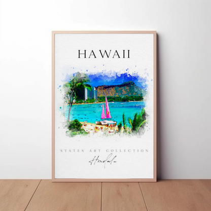 Hawaii Honolulu Sailboat Watercolor Skyline Poster
