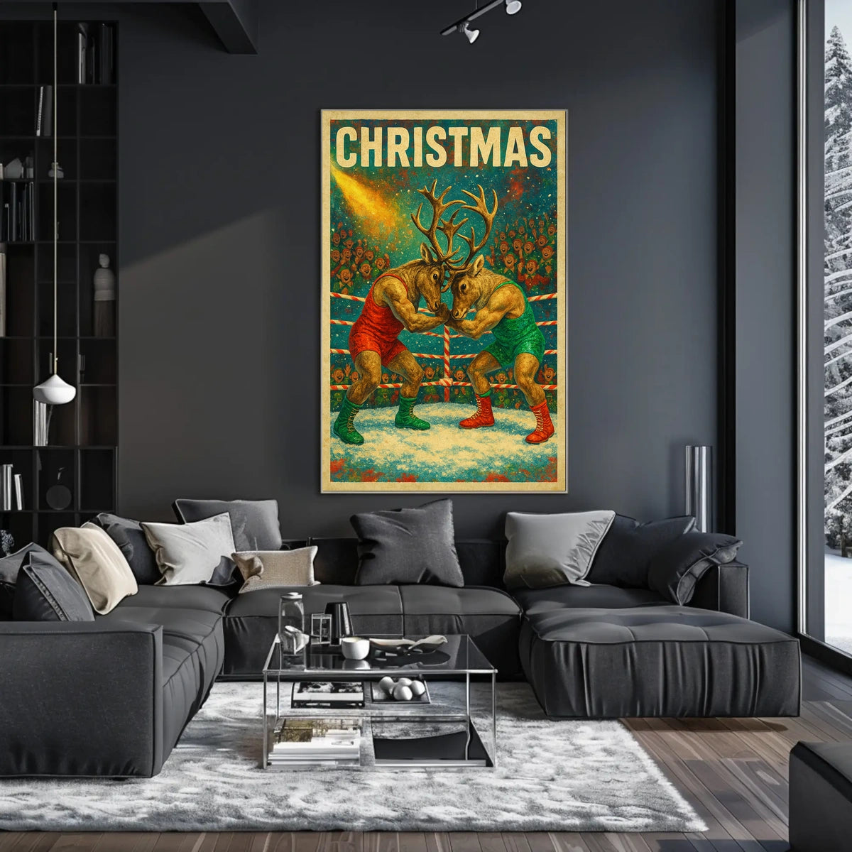 Whimsical Reindeer Wrestling Christmas Fantasy or Mythology Poster