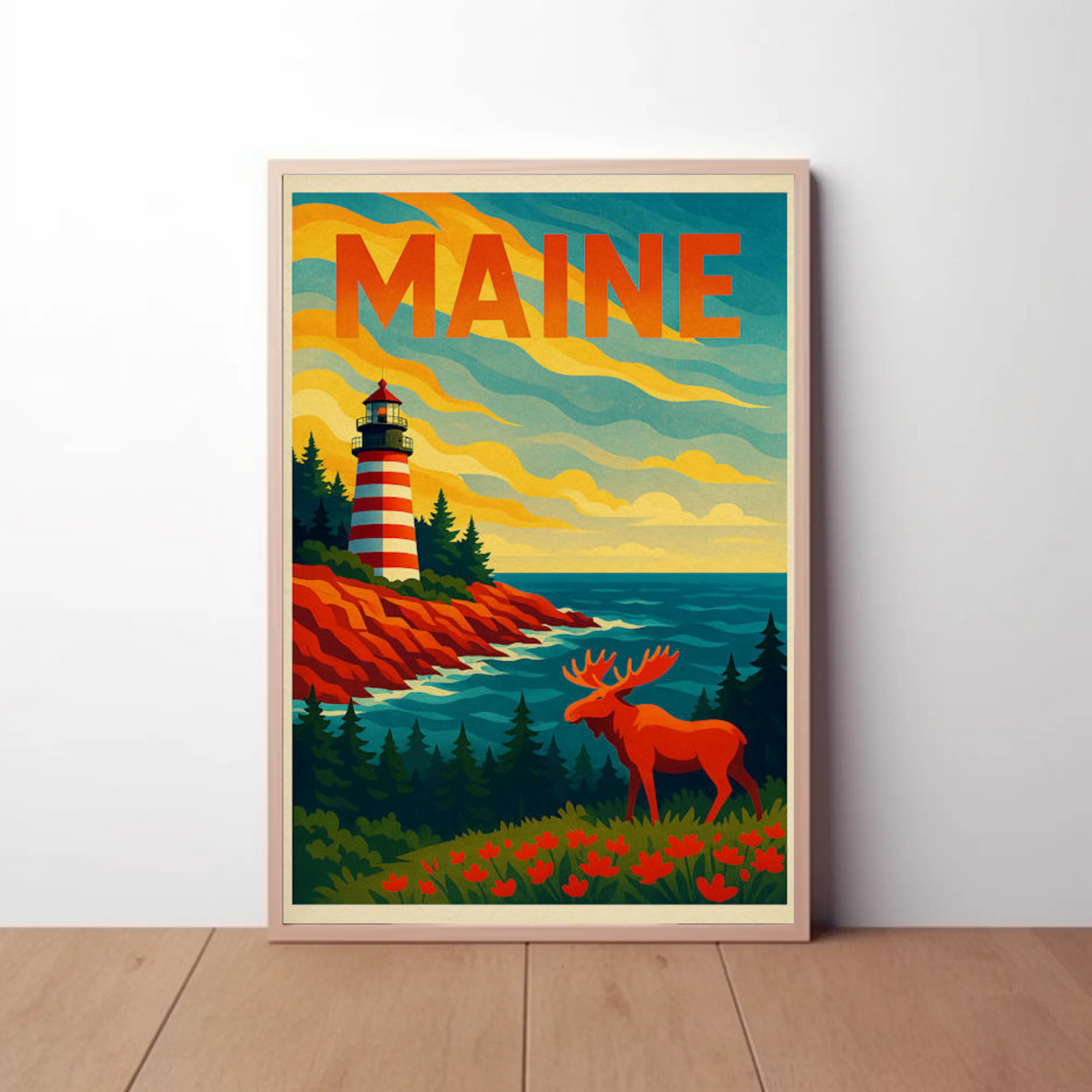 Maine Lighthouse Moose Forest Coastal View Poster