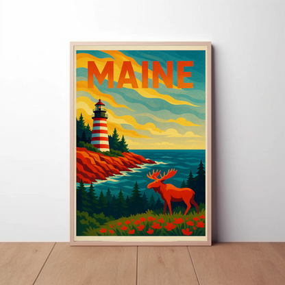 Maine Lighthouse Moose Forest Coastal View Poster