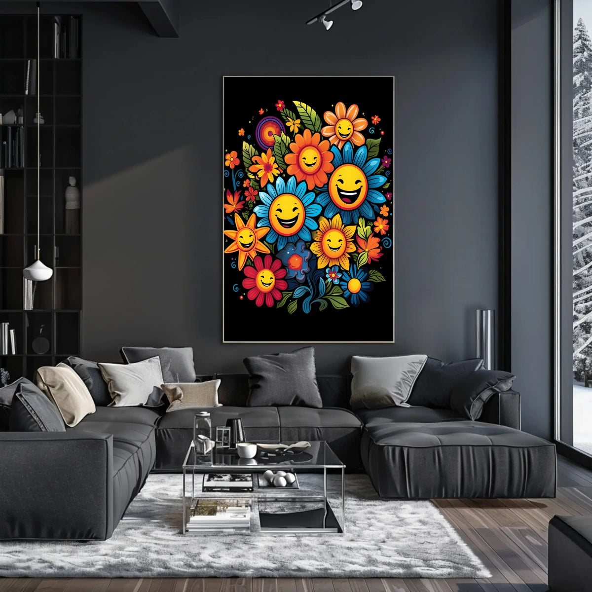 Joyful Floral Faces: Whimsical Art Poster Print