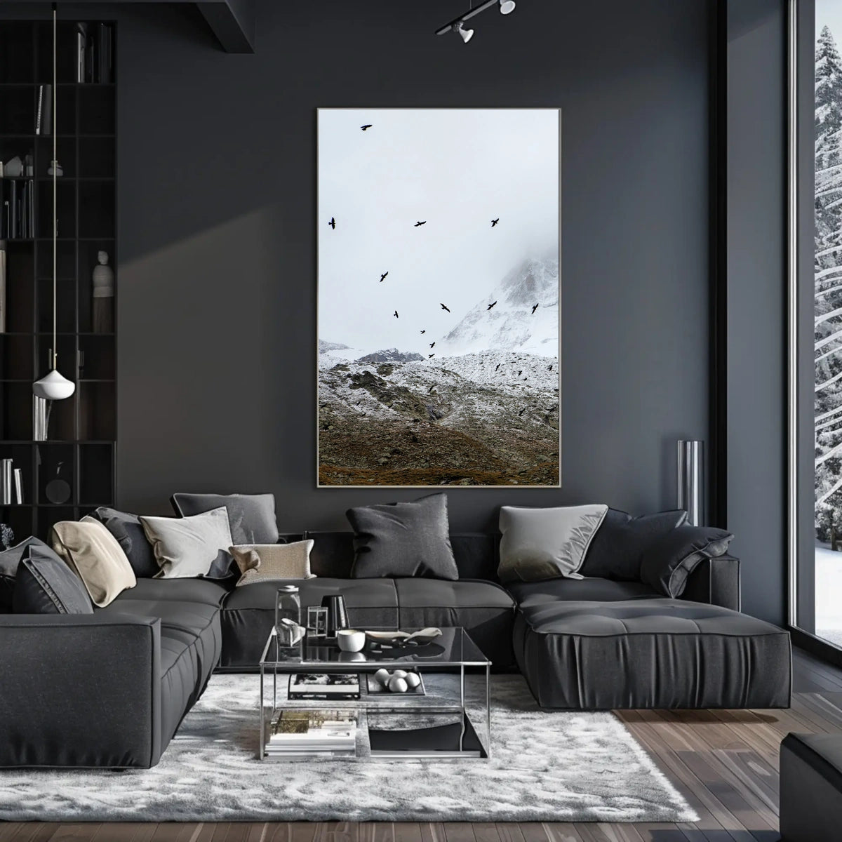 Birds In Flight Over Snowy Peaks Poster