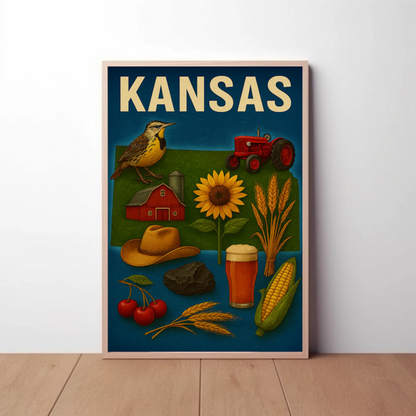 Kansas State Symbols Agriculture Sunflower Tractor Poster Poster