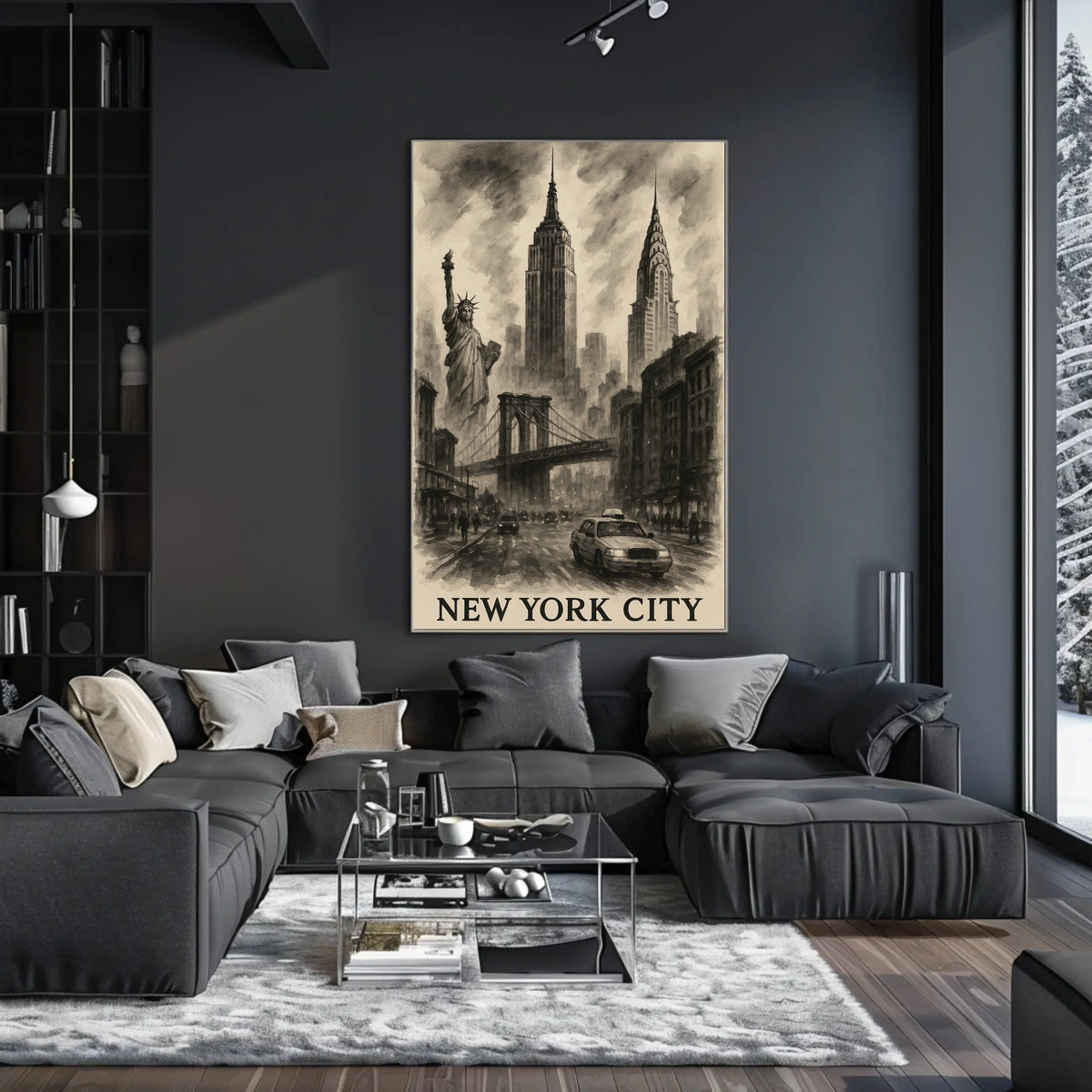 New York City Landmarks Cityscape Poster Vintage Wall Art