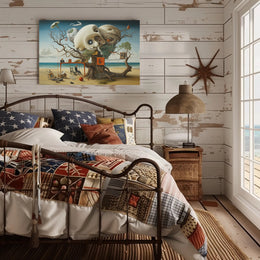 This surreal poster depicts a fantastical scene on a beach setting. Dominating the Travel Poster