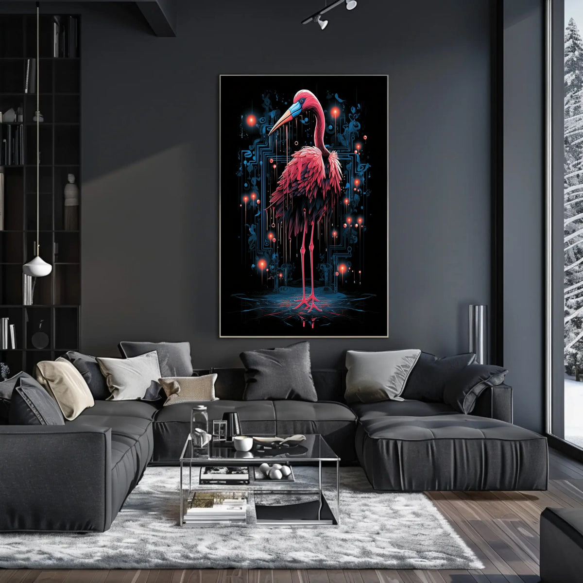 Digital Elegance The Cyber Flamingo Neon Poster Wall Art