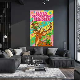 Elves Decorating Reindeer Poster